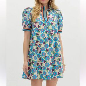 Entro Floral Puff Sleeve Mini Dress Contrast Trim Pockets aqua 1X